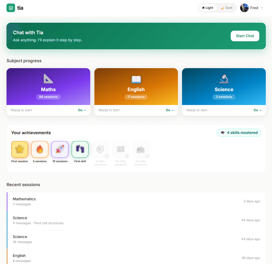 Student dashboard showing Maths, English and Science progress